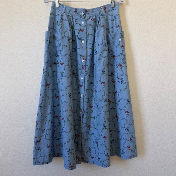 Dockers Dresses & Skirts - Blue Floral Denim Maxi Skirt Button Front Pockets Cottagecore Vintage 80s